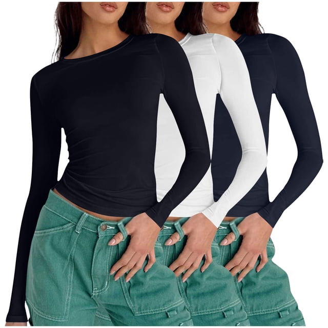 Birdeem T-Shirts à Manches Longues pour Femmes Mode Décontractée Col Rond Couleur Unie T-Shirt à Manches Longues Chandail Tops Manches 3/4 T-Shirts pour Femmes