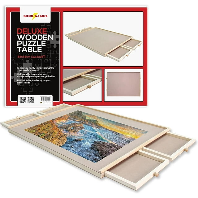 Tradeopia Deluxe Wooden Puzzle Board with 4 drawers, designed for 1500-piece puzzles, measuring 34.6 inches by 26 inches. The board features a smooth working surface for easy puzzle assembly and three-sided edging to keep pieces secure. Four sliding drawers provide convenient storage for sorting pieces by color or shape. Made of natural wood, it is suitable for living rooms or playrooms and tucks away neatly without disrupting your puzzle progress.