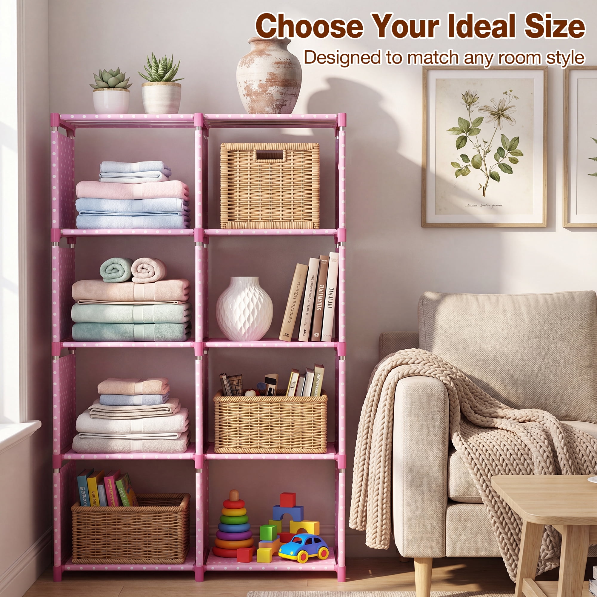 HONEIER Bookshelf, 8-Cube Storage Organizer, 5-Tier Open Bookcase for Bedroom Living Room Office, Pink