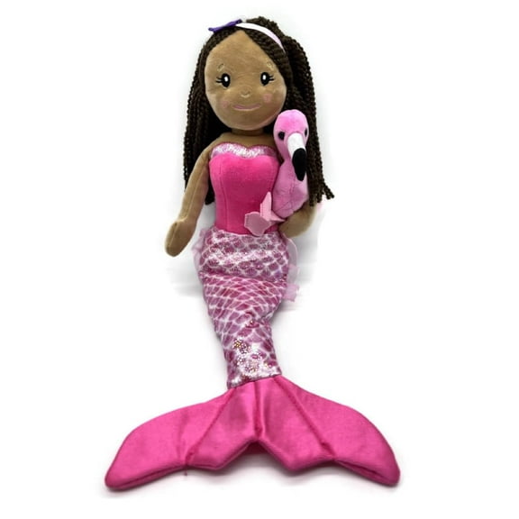 The Petting Zoo Mermaid Doll with Flamingo Stuffed Animal- Great Gifts for Girls, Mermaid Plush Doll with Flamingo Plush Toy, 17 inch (Dark Skin)