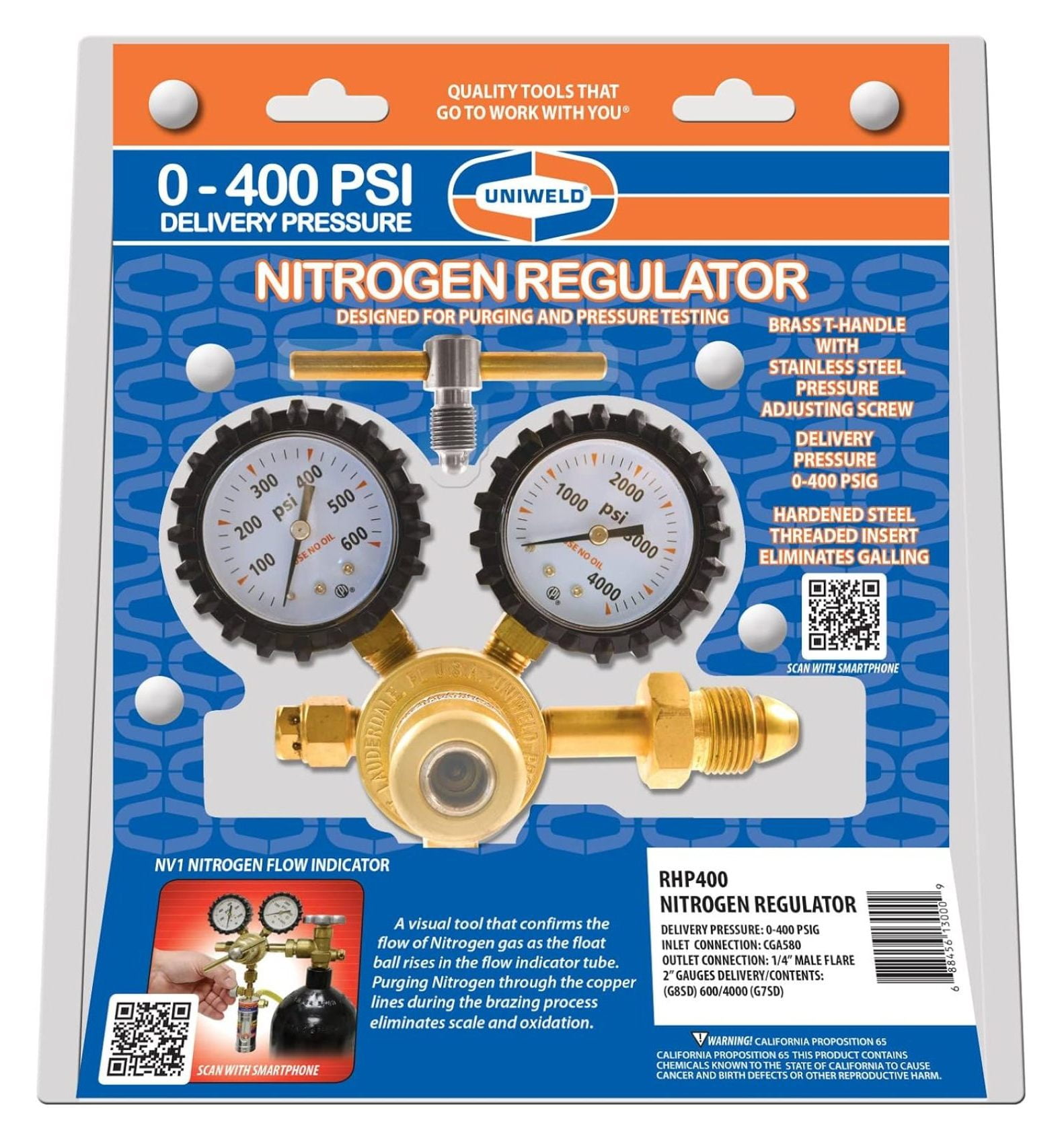 RHP400 Nitrogen Regulator with 0-400 PSI Delivery Pressure, CGA580 Inlet Connection and 1/4-Inch Male Flare Outlet Connection