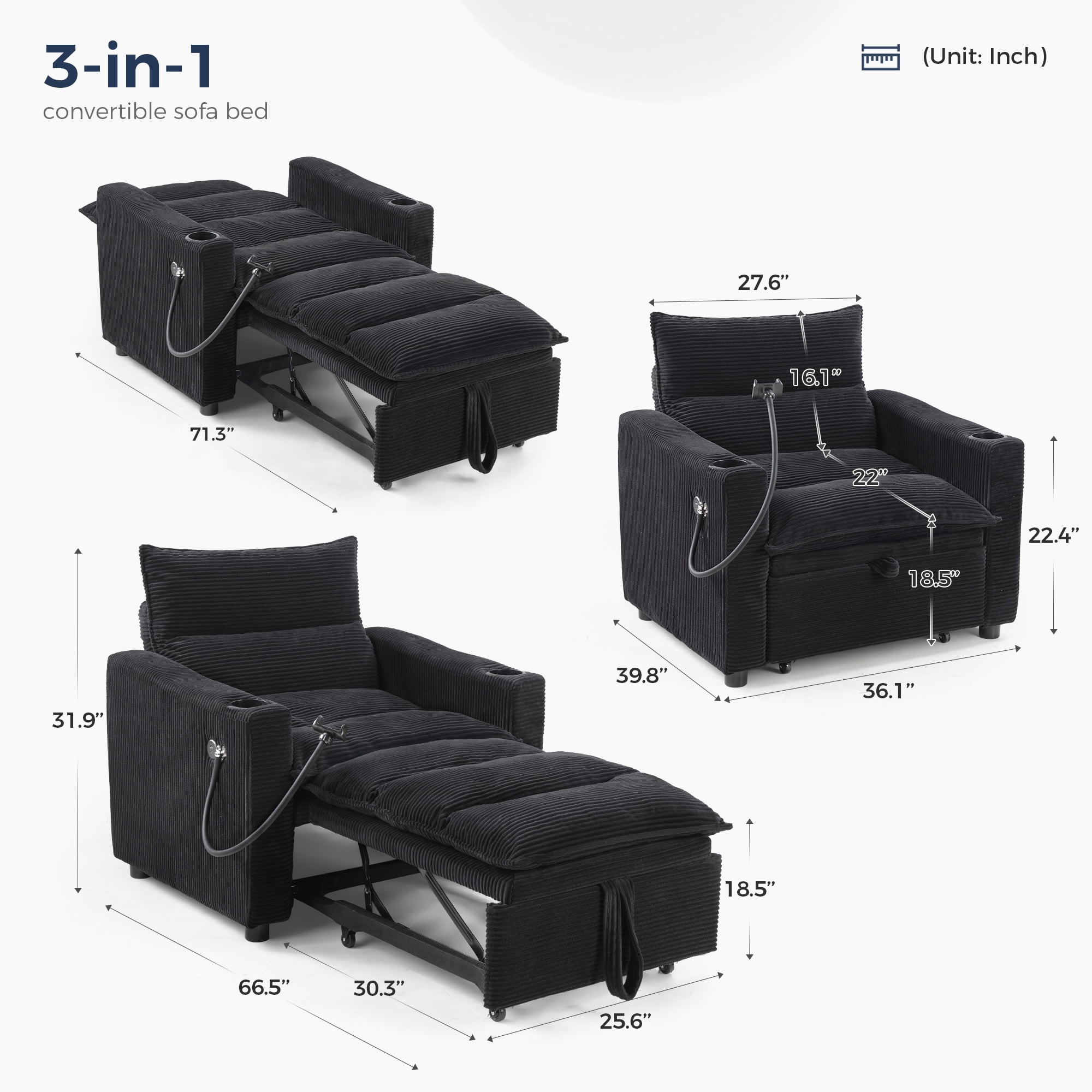 Ebello 3-in-1 Convertible Corduroy Sleeper Sofa Bed with Phone Holders & USB Ports, Pull Out Bed, Adjustable Backrest, Easy Assembly, 1-Seat(Black)