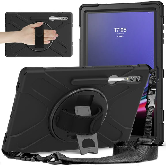 ShieldPlus for Samsung Galaxy Tab S10 Ultra 2024: 3-Layer Rugged Military Grade Shockproof Case for Tab S9 Ultra/S8 Ultra 14.6" with 360° Swivel Stand - Handle - Shoulder Strap - S Pen Holder, Black