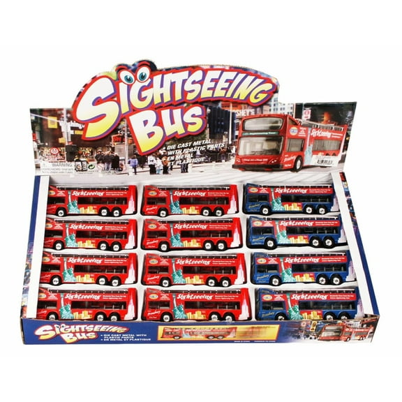 Box of 12 Diecast Model Cars - NYC Sightseeing Double Decker Bus Open Top, Blue, 6 Inch Scale