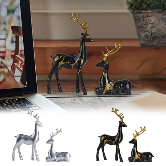 2pcs Christmas Reindeer Figurines Resin Sculpture Holiday Desktop Ornament Festive Home Decoration For Living Room Bedroom Bookshelf Cabinets,Black