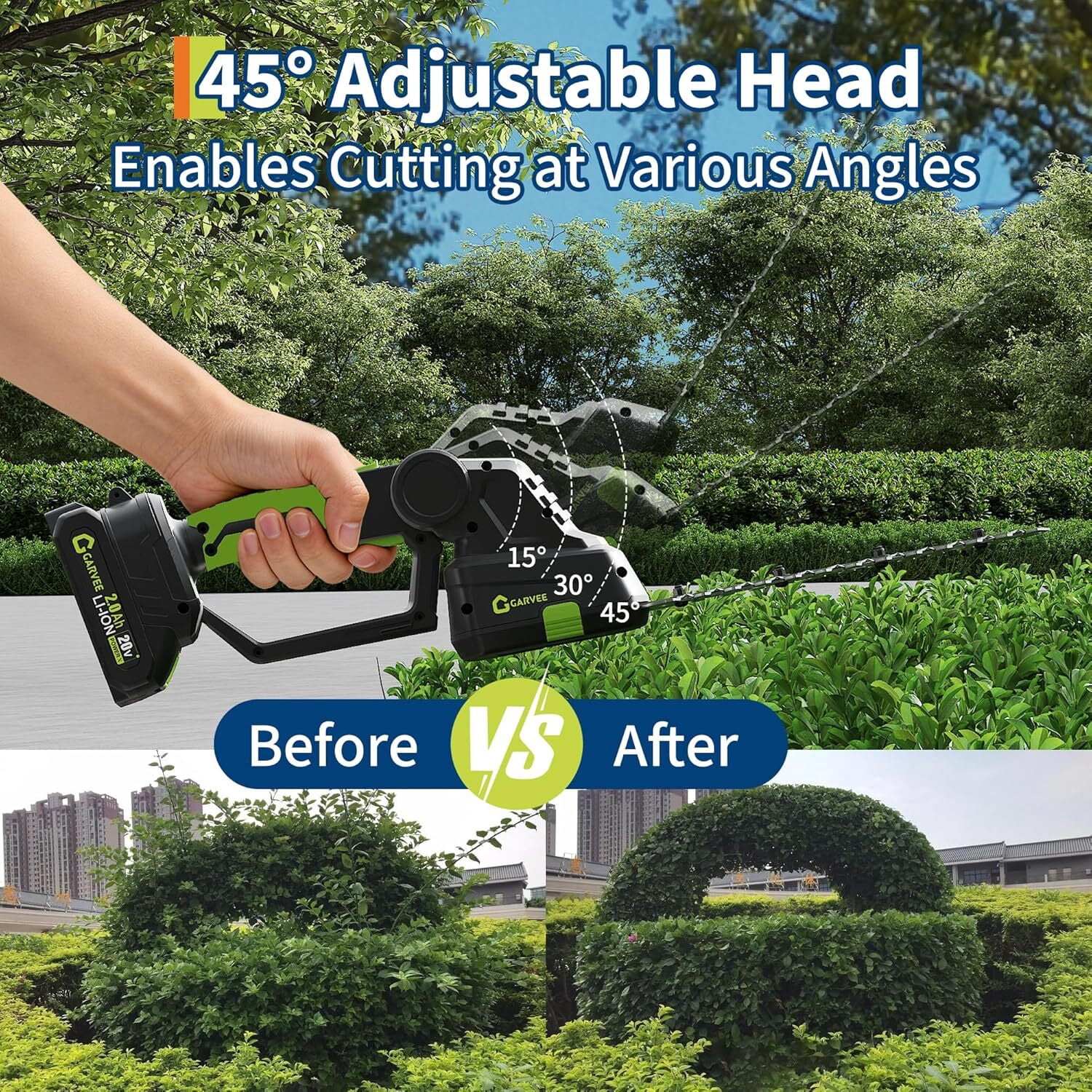 Garvee 2-in-1 Cordless Hedge Trimmer, 20V Lightweight Grass Shears & Hedge Trimmer with 2.0Ah Battery and Charger, Green/Black