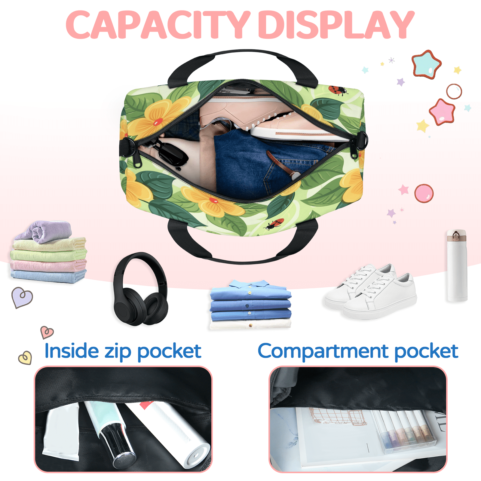 Herdesigns Ladybugs Gym Bag for Women, Duffle Bag for Travel Sport, Lightweight Waterproof Carry on Weekender Overnight Dance Yoga Workout Bags