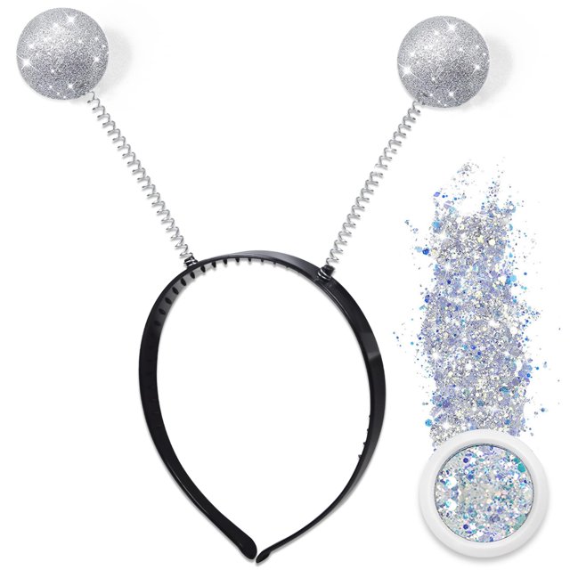 Diadema de antena extraterrestre con purpurina, purpurina gruesa holográfica y boppers de bolas, recuerdos de fiesta espaciales plateados para mujeres