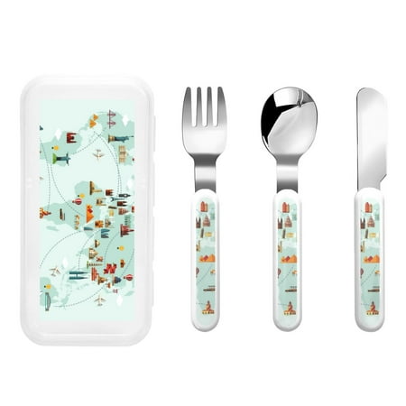 

Qokaie World Travel Map for Stainless Steel Kids Silverware Set - Children’s Utensil Set - Children s Knife Fork And Spoon Set
