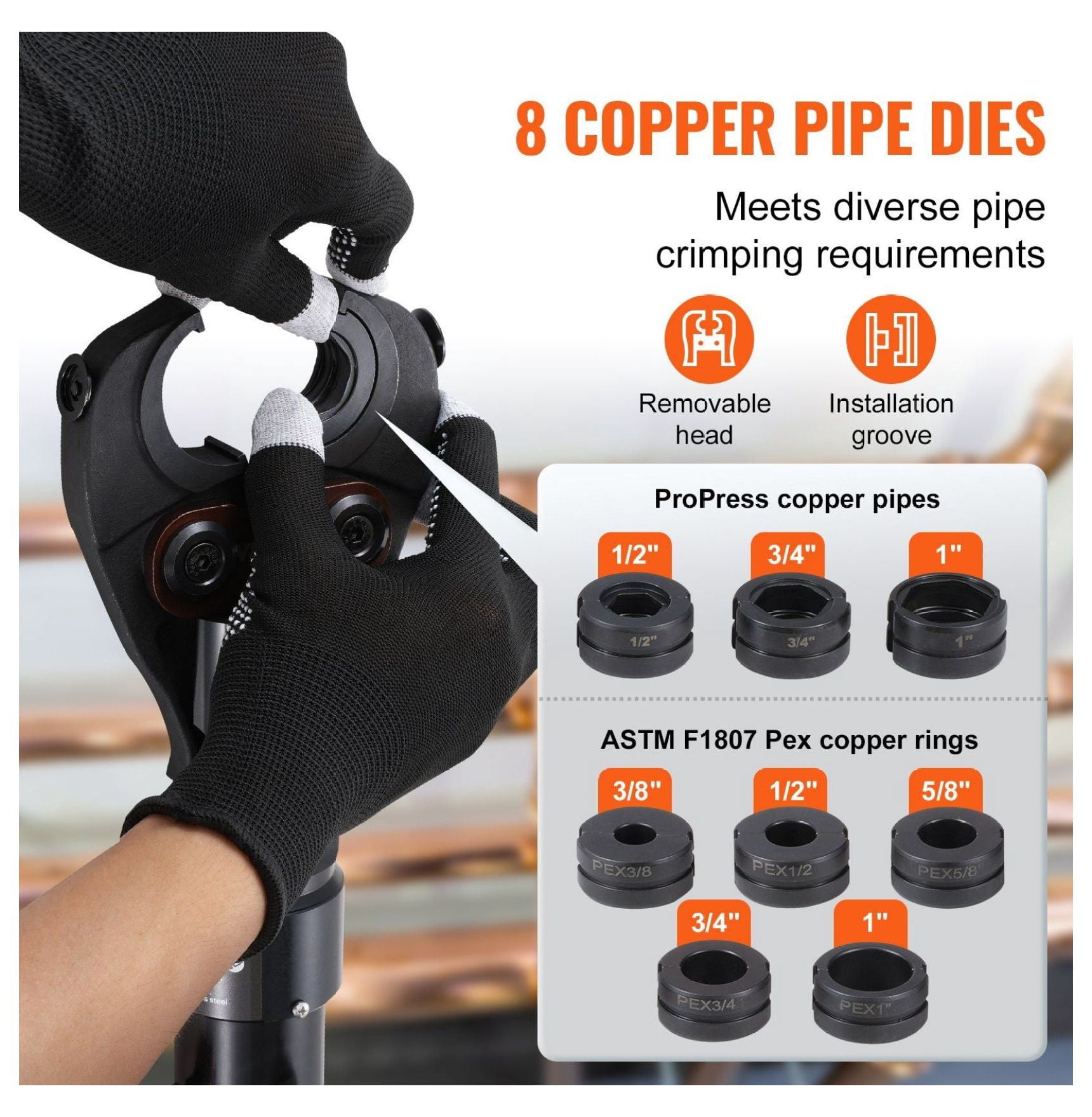 Copper Pipe Crimping Tool, Hydraulic Press Tool 1/2" 3/4" 1" for Copper & 3/8" 1/2" 5/8" F1807 Pex, Copper Ring Crimper, 360° Rotation