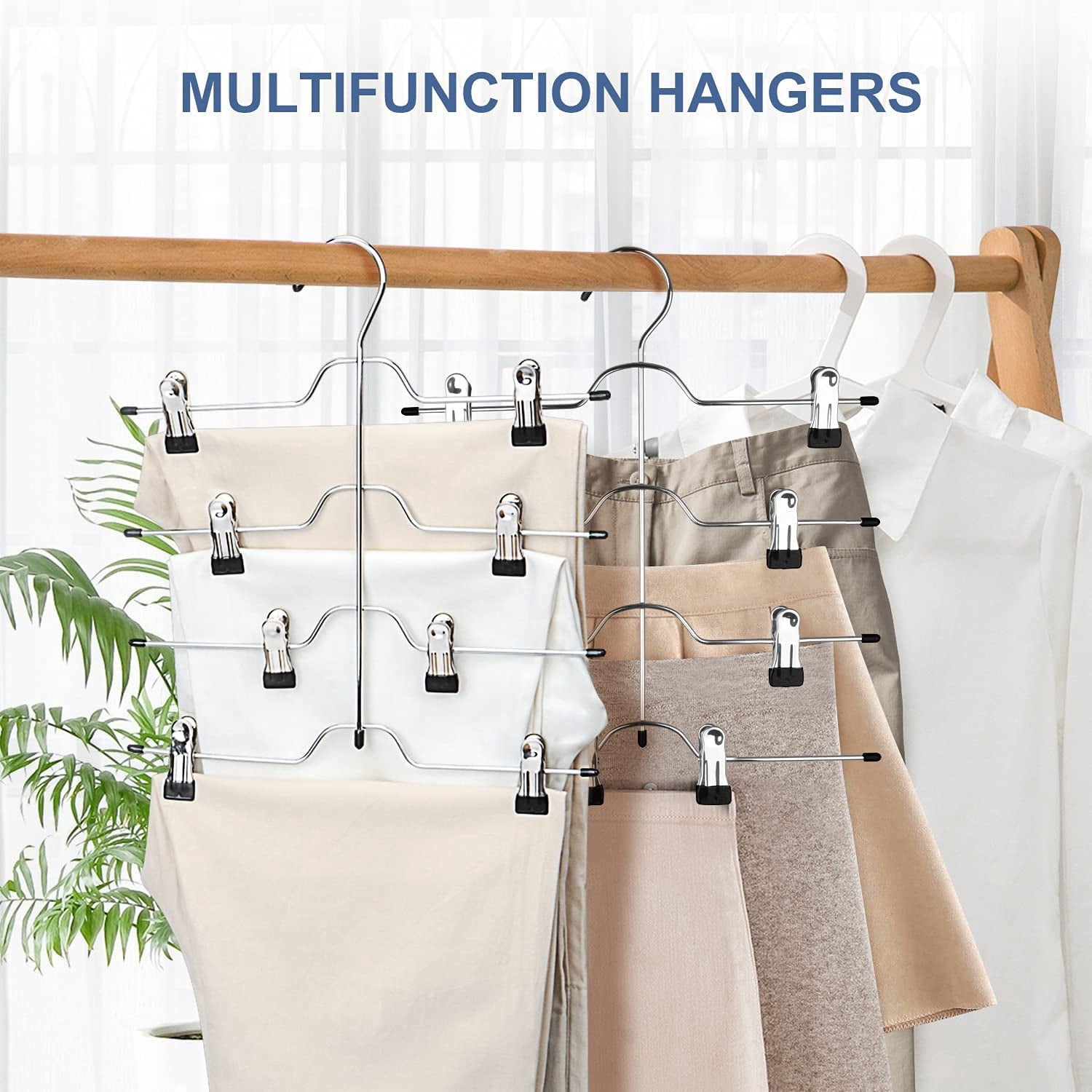 Casewin Space Saving 5 Tier Metal Skirt Hanger with Clips(2pk) Hang 5-on-1, Gain 70% More Space,Rubber Coated Hanger Clips,360 Swivel Hook,Adjustable Clips Pants Hanger,Hang Slack,Trouser,Jeans,Towels