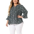 thumbnail image 4 of Agnes Orinda Women's Plus Size Pleated V Neck 3/4 Sleeves Floral Blouse 2X Black, 4 of 6