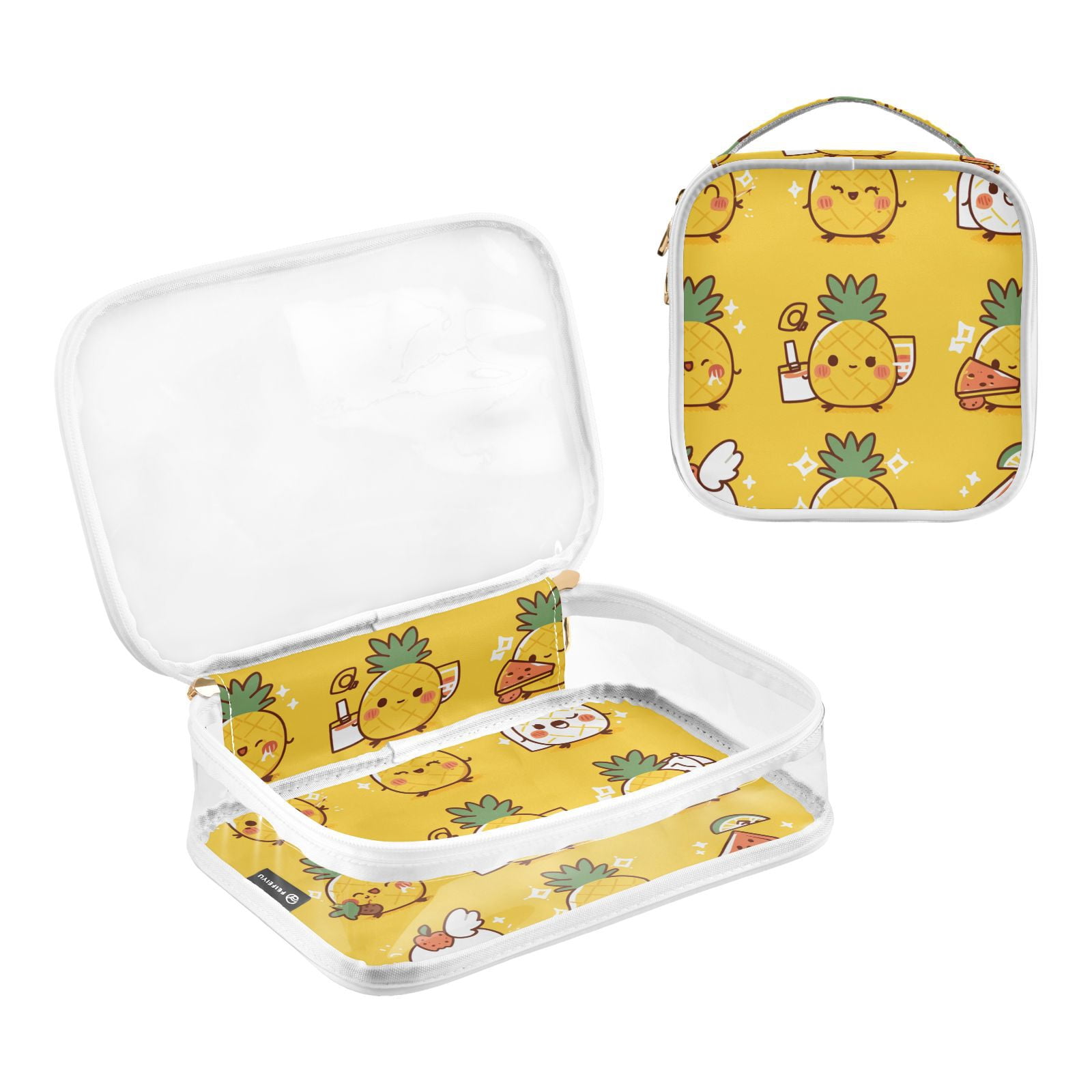 Clear Makeup Bags with Handle Large Opening 2 Pack Set Toiletry Bag Quart Size Bag, for Women Man Traveling Travel Essentials, Toiletries and Other. Cute Smiley Pineapple Watermelon