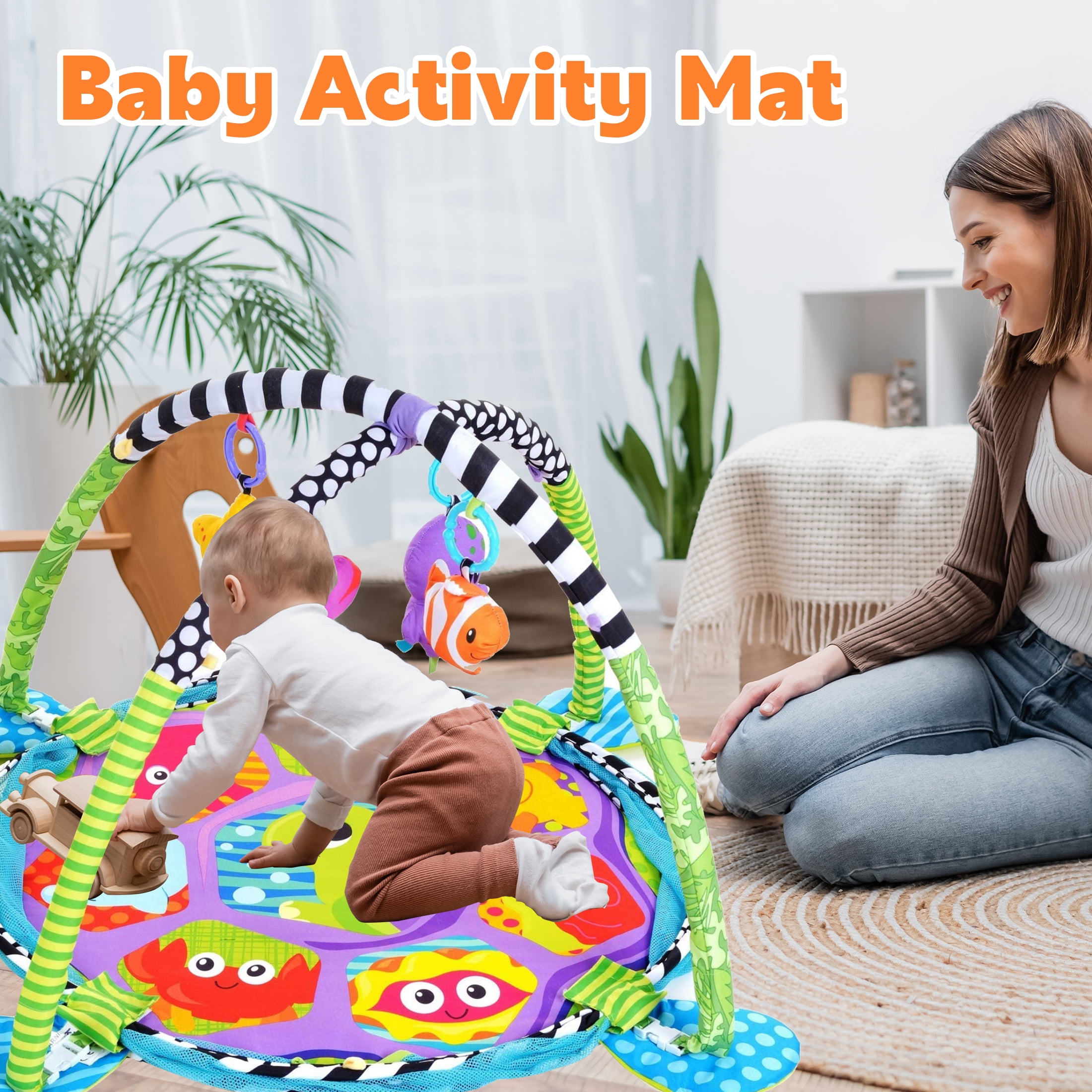 YoYFUN 3 in 1 Baby Play Gym Tummy Time Play Mat with Detachable Arch 4 Toys Protective Mesh Green Turtle Walmart
