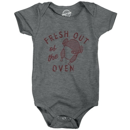 

Fresh Out Of The Oven Baby Bodysuit Funny Cute Thanksgiving Turkey Cooked Dinner Jumper For Infants (Dark Heather Grey - OVEN) - Newborn