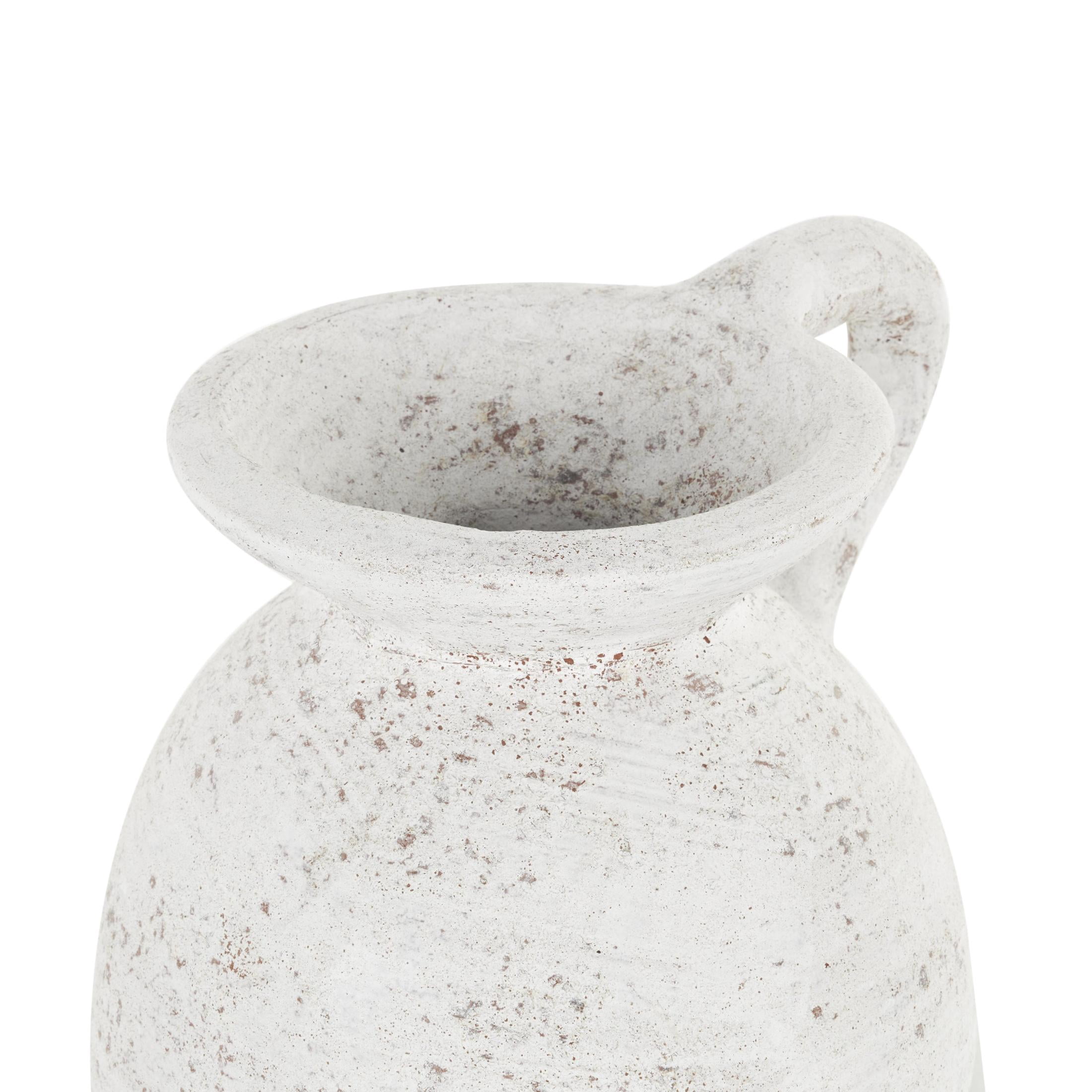 DecMode 9" Antique Style Textured Pot White Ceramic Vase with Handle