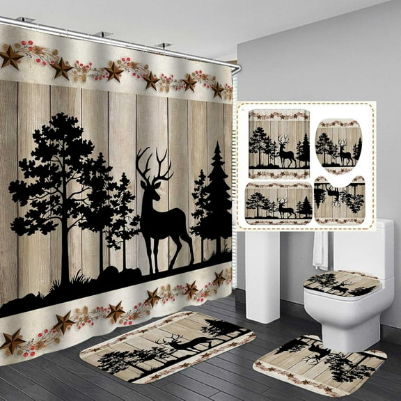 4PCS Bull Skull Shower Curtain Sets, Vintage Wagon Wheel Cow Skull Man Cave Hunting Lodge Cabin Western Country Barn Rustic Farmhouse Bathroom Decor, Non-Slip Bath Mat Rug, Longhorn Skull