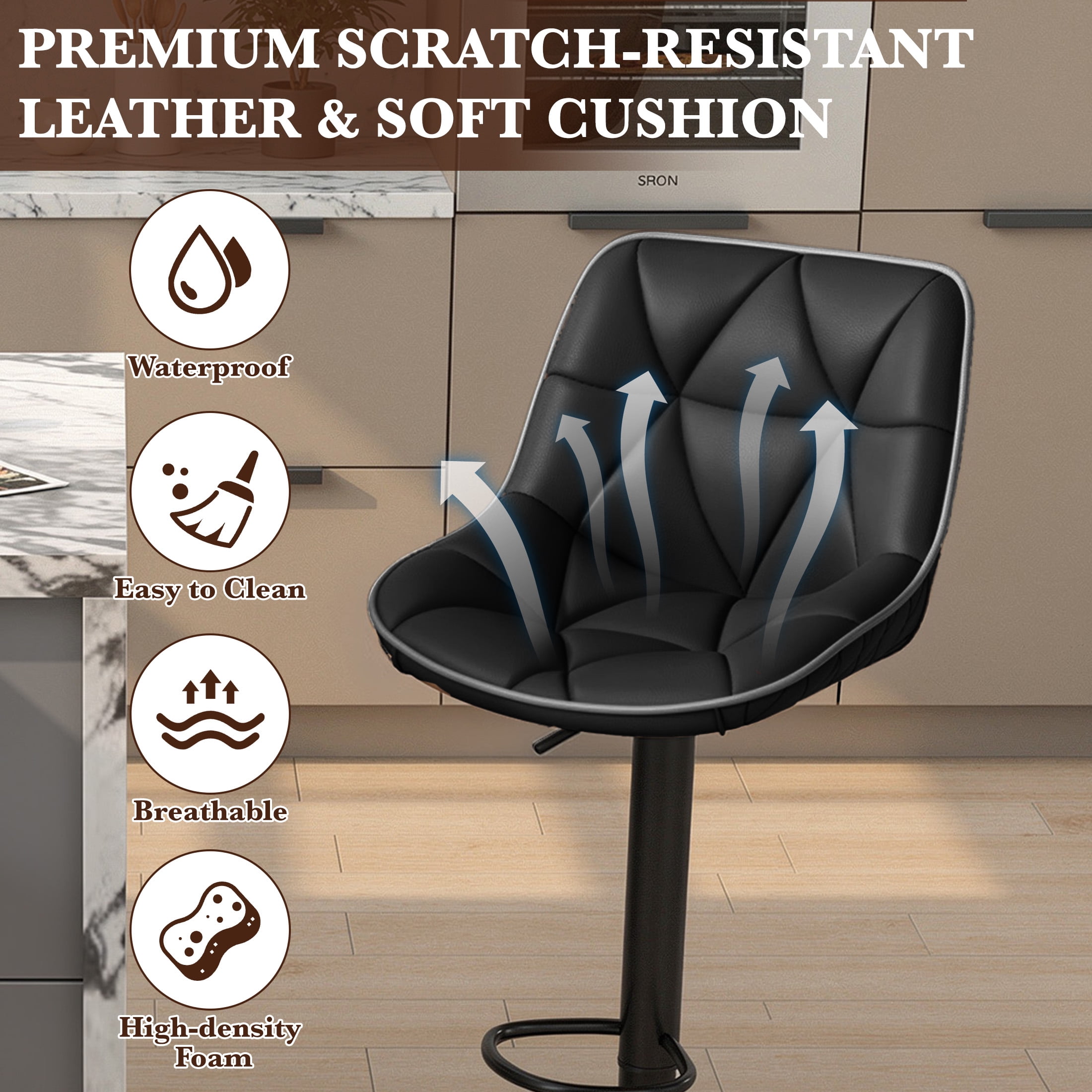 Hawsaiy Bar Stools Set of 4, Adjustable Swivel Counter Height Bar Stools with Back, Upholstered Modern Barstools with Diamond Stitching, Black