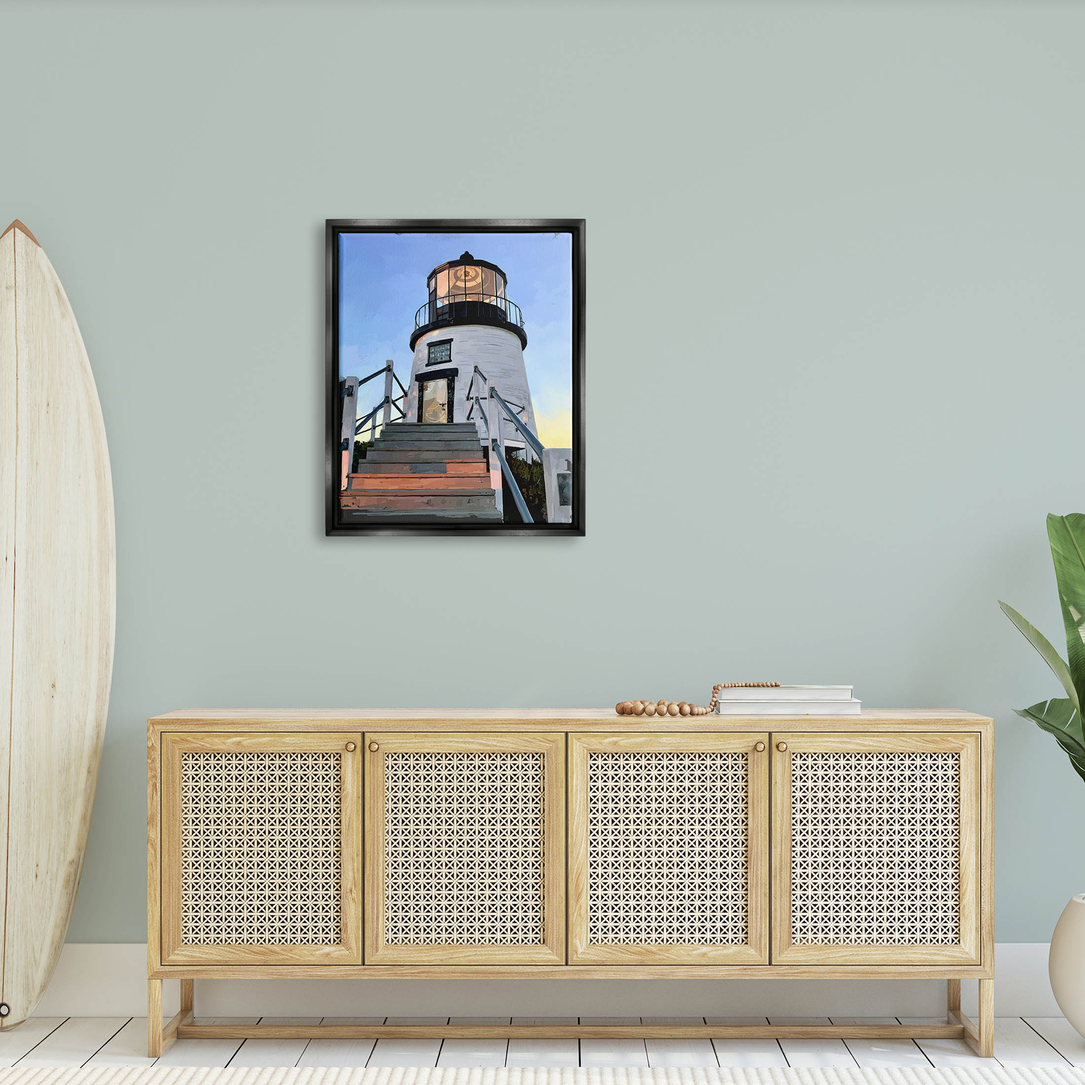 Coastal Lighthouse Beacon Coastal Graphic Art Jet Black Framed Art Print Wall Art