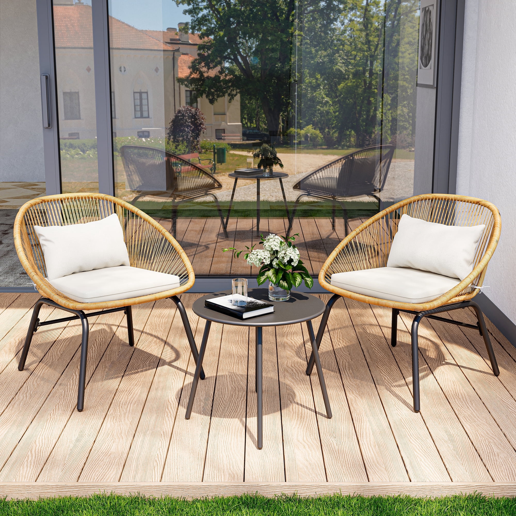 LAUSAINT HOME 3 Pieces Patio Bistro Set, Outdoor Furniture with 2 Chairs and 1 Coffee Table, Beige Cushions, Linear Weave Design