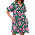 thumbnail image 5 of Short Sleeve Women Floral Print Loose Fit Lapel V-neck Casual Mini Dress, 5 of 7