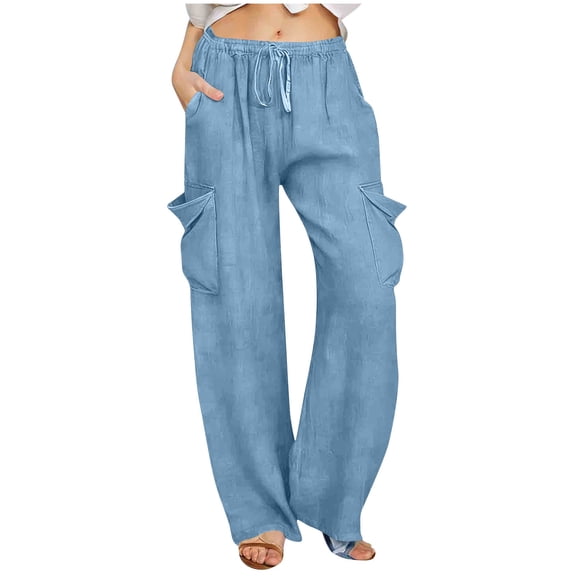Tnhcen Women's Casual Loose Wide Leg Pants Drawstring Elastic Waistband Relaxed Fit Cargo Pocket Plus Size 2XL Rayon Polyester Linen - Like Trousers