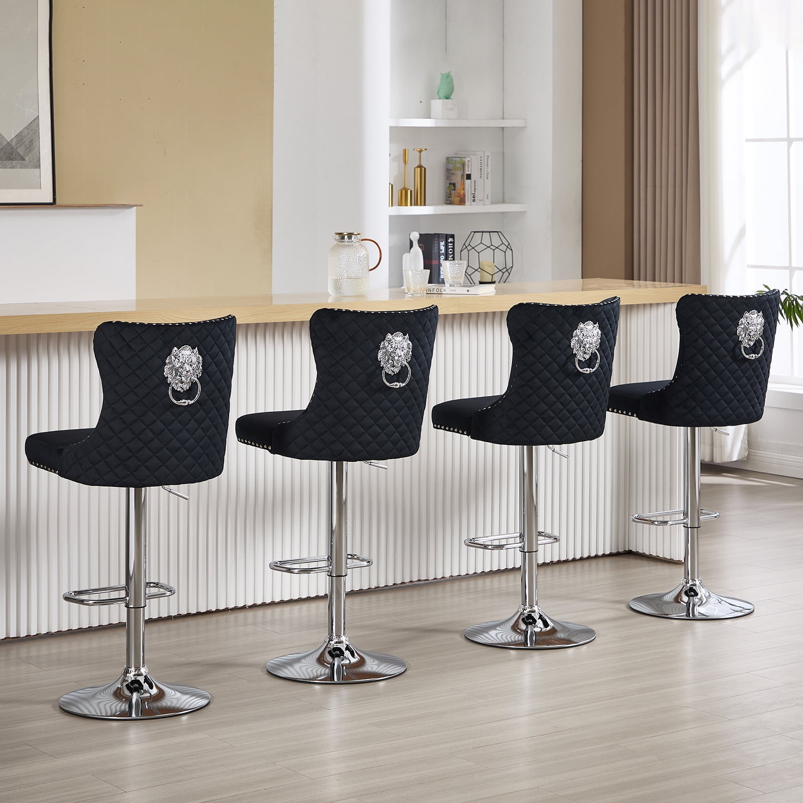 Velvet Bar Stools Set of 2 Modern Counter Height Bar Stools with Lion Pull Ring Tufted Back, Nailhead Upholstered Barstools for Home Kitchen Island, Swivel Adjustable Stool Chair in Black