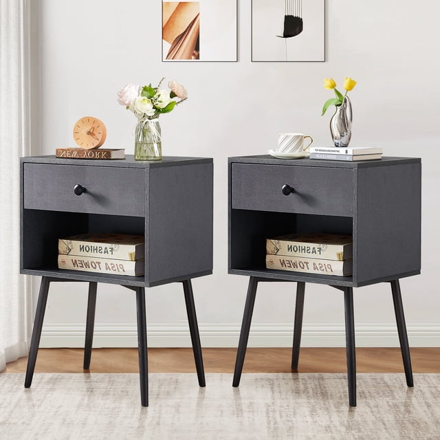 VECELO Ensemble de 2 Tables de Nuit avec Tiroir, Table d'Appoint/de Chevet de Style Mi-Siècle pour Chambre, Salon, Canapé, Gris