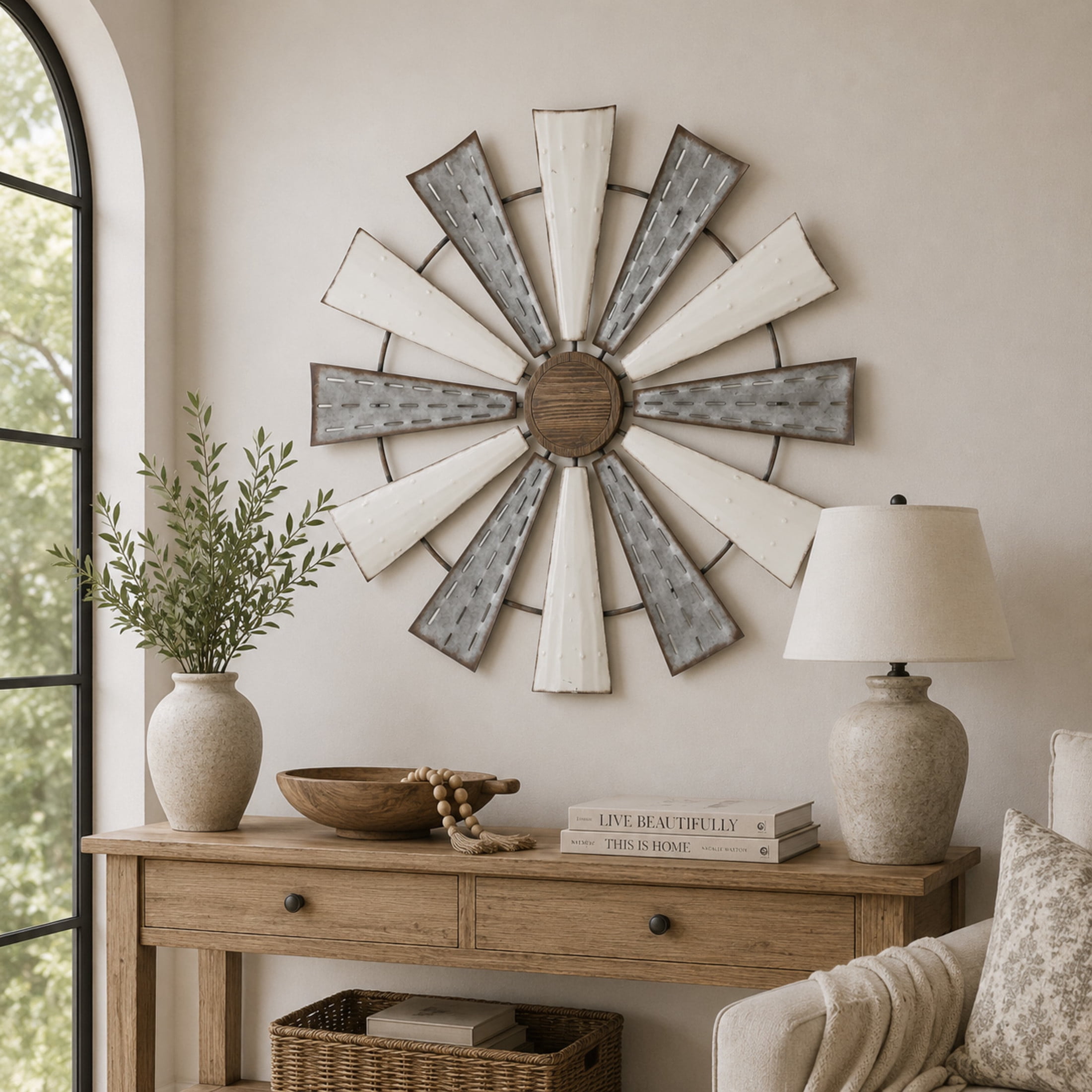 DecMode White Metal Windmill Wall Decor with Galvanized Metal Accents