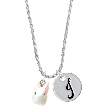 Delight Jewelry Resin White Big Ear Bunny Silvertone Script Initial Disc - J - Charm Necklace 20 +3