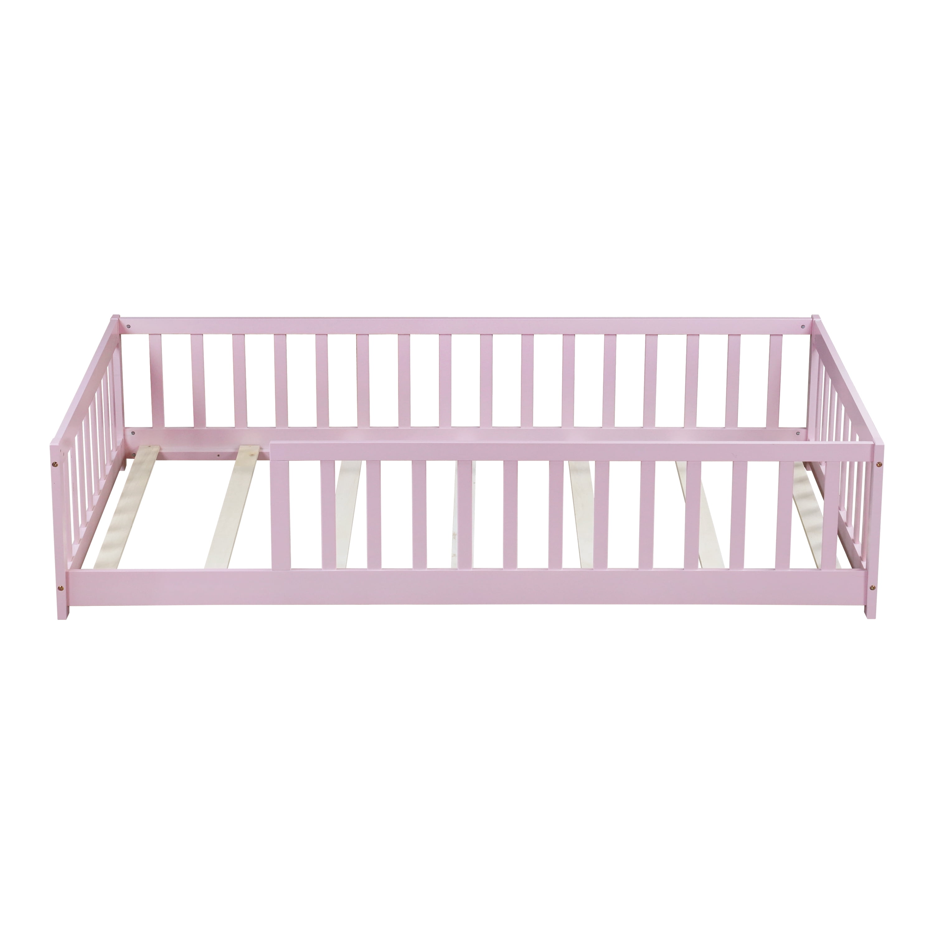 Twin Size Rubber Wood Floor Bed with Full Surround Safety Fence, No-Door Kids Platform Bed with 7 Wood Slats Holds 250LBS Fits ≤6 Inch Mattress