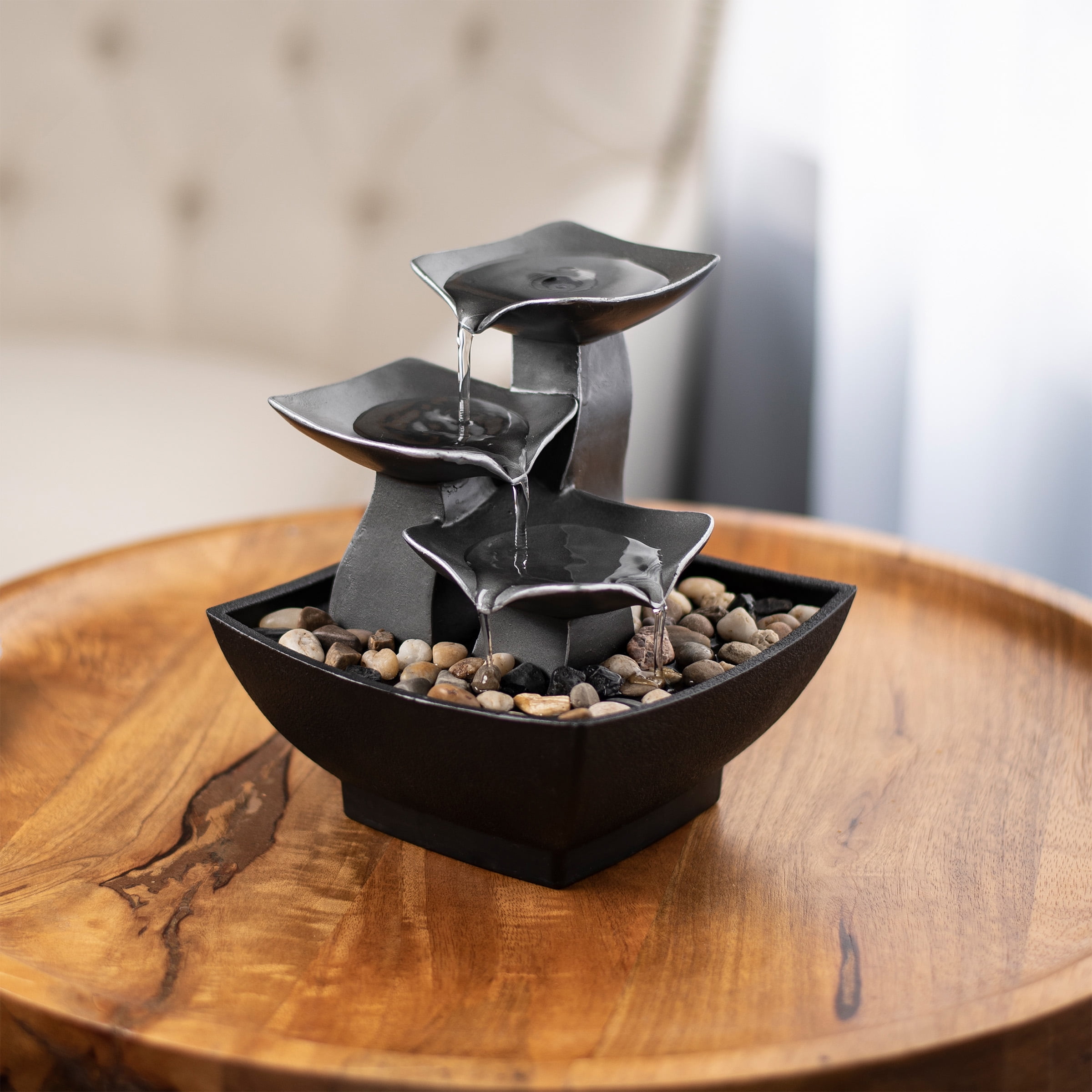 Villacera 3Tier Tabletop Water Fountain Raku Bowl and River Rocks