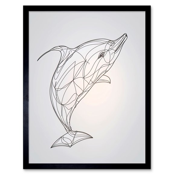 Dolphin Line Drawing Black and White Illustration Art Print Framed Poster Wall Decor 12x16 inch