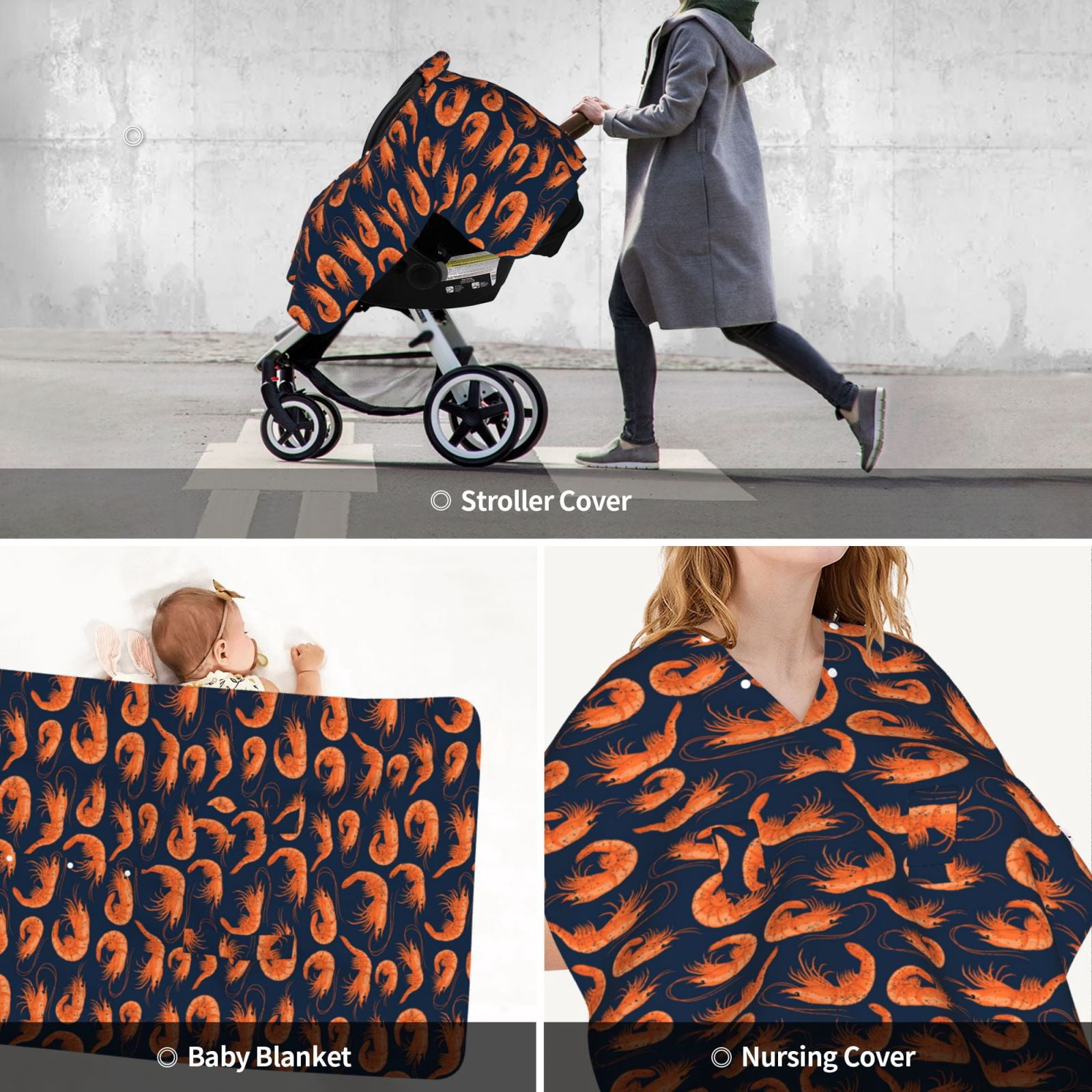 Car Seat Cover Baby - Orange Shrimp Print Breathable Infant Car Seat Cover for Baby Carseat, Lightweight Comfort Baby Essentials Must Haves Newborn Stuff for Girl Boy