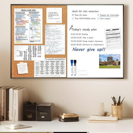 Cork Board White Board Combo, 36 x 24 Inch Bulletin Board, Magnetic Dry Erase Board & Corkboard for Wall, Vision Board for Home, Office, School, Black Frame