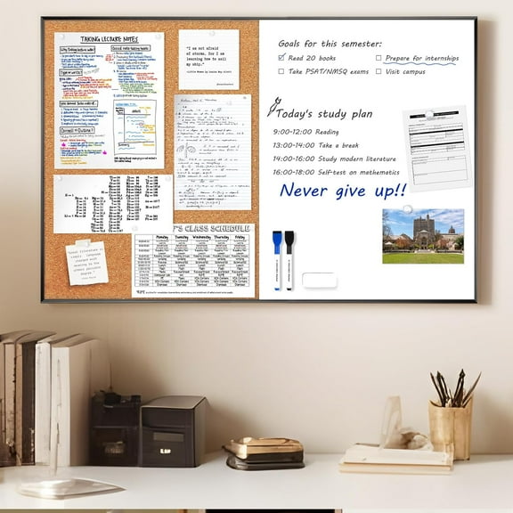 Cork Board White Board Combo, 36 x 24 Inch Bulletin Board, Magnetic Dry Erase Board & Corkboard for Wall, Vision Board for Home, Office, School, Black Frame