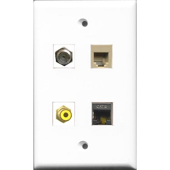 RiteAV 1 Port RCA Yellow and 1 Port Coax Cable TV- F-Type and 1 Port Phone RJ11 RJ12 Beige and 1 Port Shielded Cat6 Ethernet Wall Plate