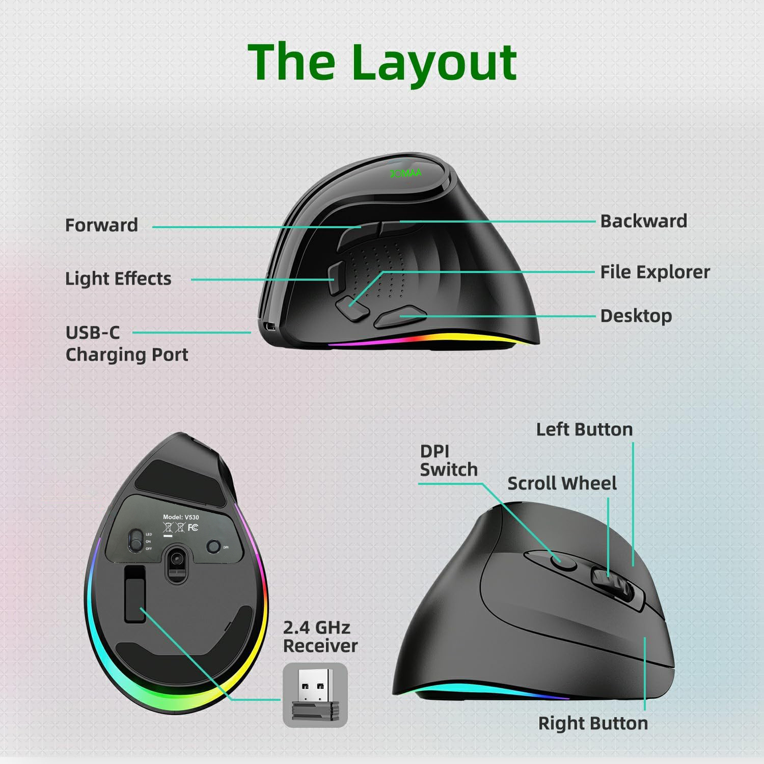 Jomaa 2.4G+Bluetooth Ergonomic Vertical Wireless Mouse 4000 DPI RGB Backlit Rechargeable Wireless Mouse Slient Click