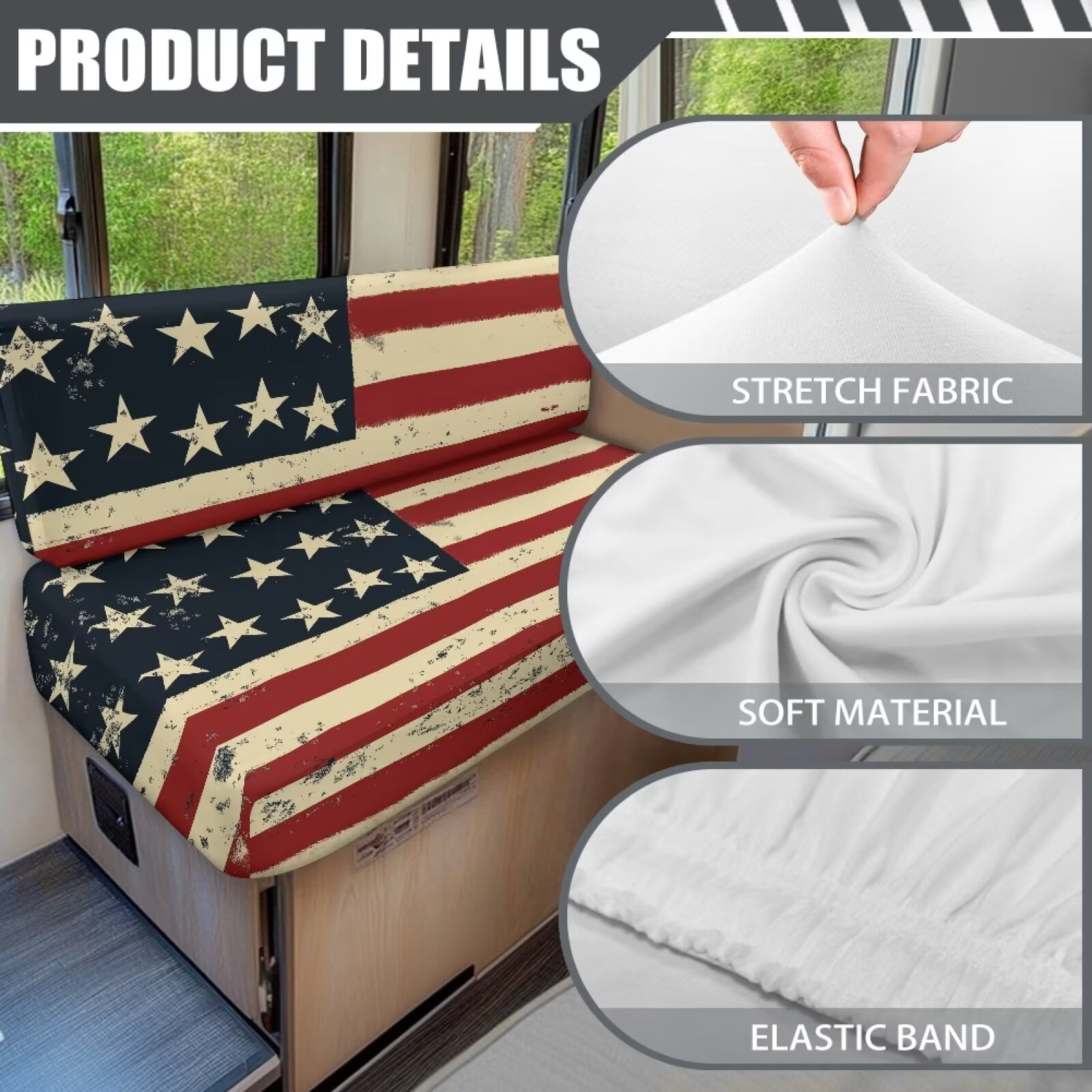 XYZCANDO American Flag Print RV Dinette Cushions Camper Accessories Stretchable Furniture Covers for Sofa and Loveseat Universal Cushion Covers for Couches and Sofas Easy to Install Red