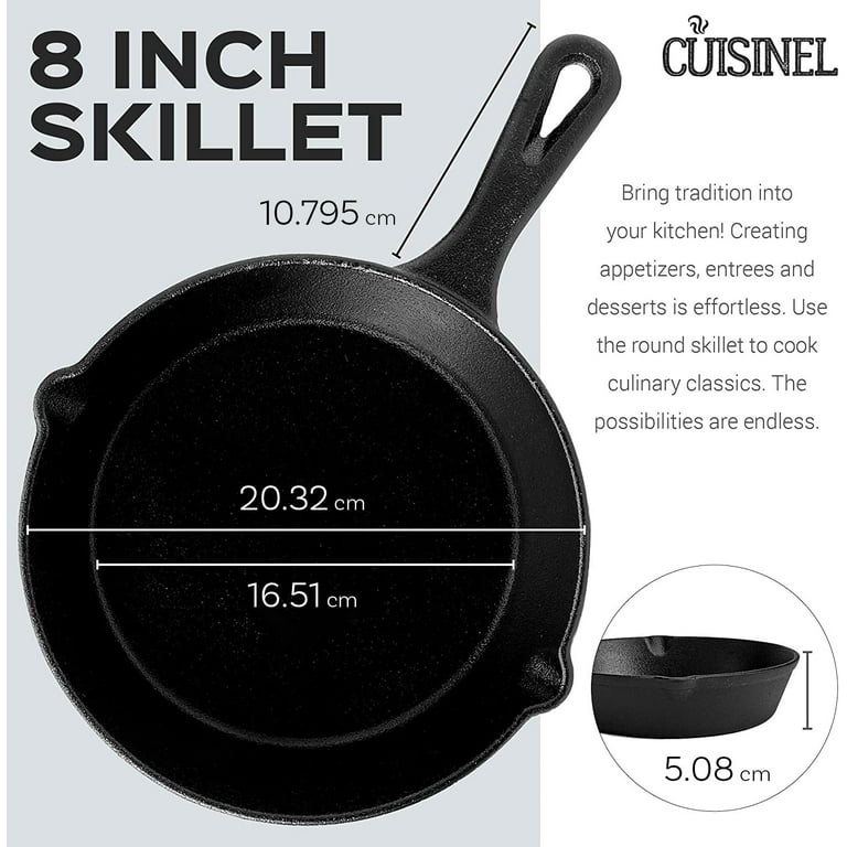 Cuisinel 8 Inch Pre Seasoned Cast Iron Skillet Cookware with Lid & Handle  Cover 