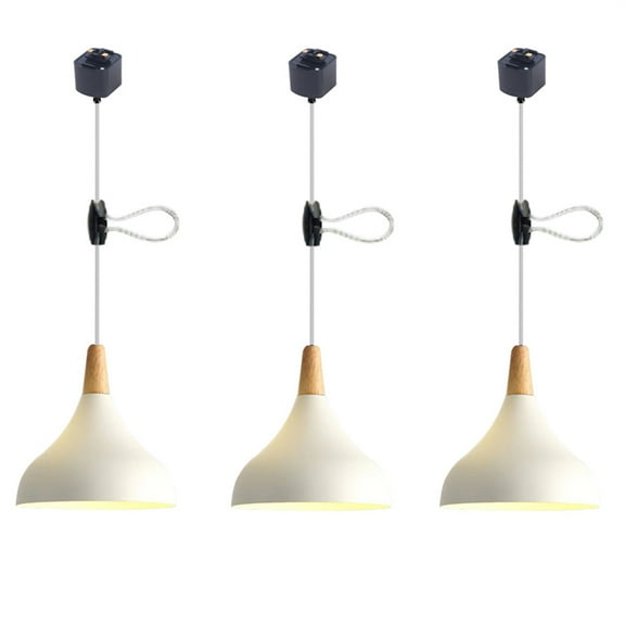 JLOWCO 3 Pack Adjustable Height H Type Track Lighting Pendants Ceiling Lights for Dining Room Metal Wooden Pendant Light White Pendant Lights Kitchen Island (LED Bulb Include)