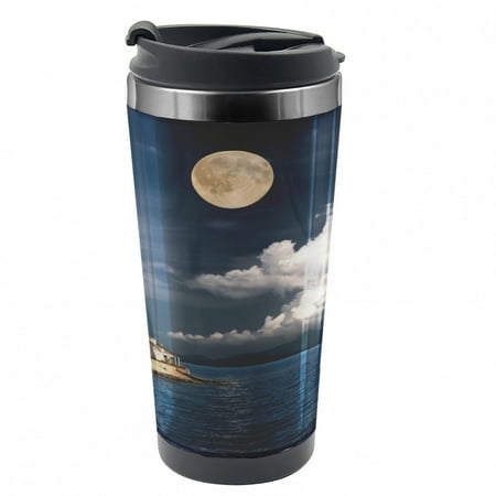 

Lighthouse Travel Mug Moonlight Island Sea Steel Thermal Cup 16 oz by Ambesonne