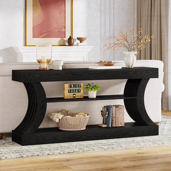 Tribesigns 70.9-Inch Long Farmhouse Black Entryway Console Table with Storage, 3-Tier Wooden Couch Table Behind Sofa, for Entry, Entrance, Hallway, Foyer, Living Room