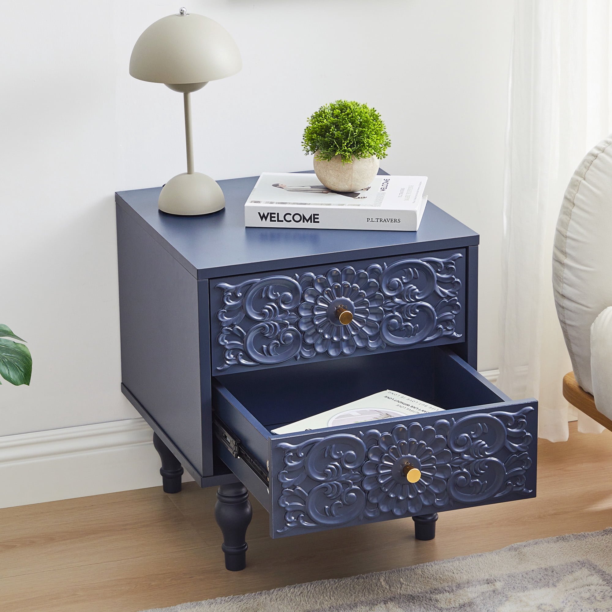 Wirrytor Vintage Short Nightstand Set of 2 with 2 Drawers, Bedside Table 2 Drawer Dresser with Embossed Pattern, Storage End Table with Wooden Legs for Bedroom & Living Room,Blue