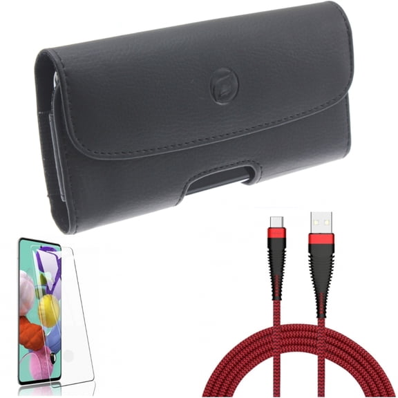 Screen Protector w 10ft USB Cable w Case Belt Clip for Samsung Galaxy S20 - Tempered Glass [Fingerprint Unlock], Type-C Charger Cord, Leather Holster Q3K fits Samsung Galaxy S20 Model