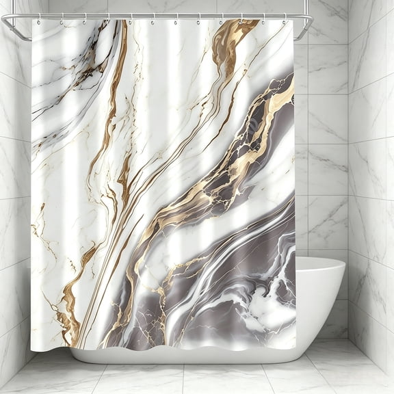 Gray White Marble Shower Curtain,Gold Modern Abstract Bathroom For Bathroom,Aesthetic Ink Texture Waterproof Fabric Bath Curtain Set with Hooks,72" x 72"
