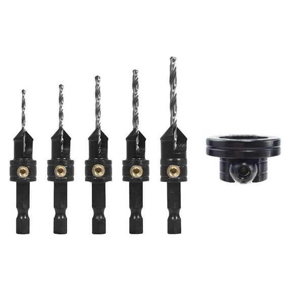 Countersink Drill Bit Set - 5-Pc with Depth Stop - 1/4" Hex Shank - Countersink & Counterbore for #4-#12 Screws - Woodworking, Plugs, Dowels