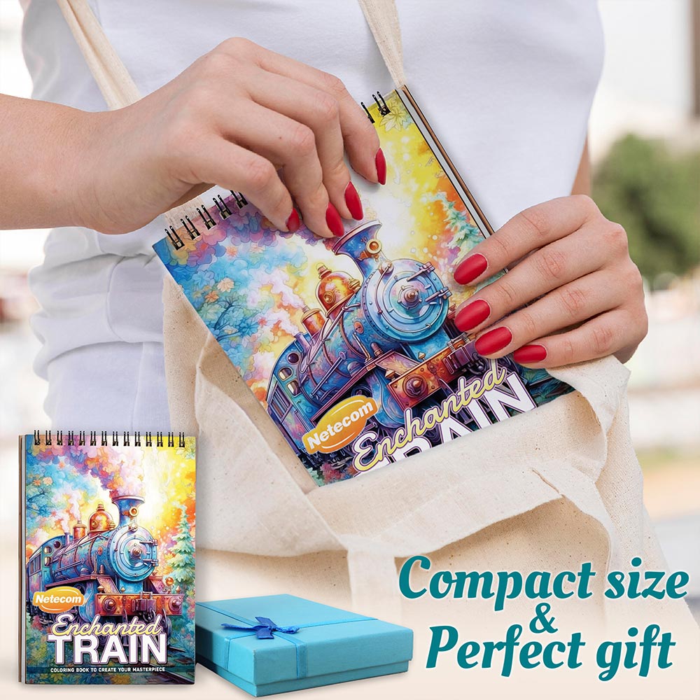 Netecom Train Coloring Book Spiral Bound for Adults and Toddlers, A5 Wooden Cover, 30 Whimsical Railway Coloring Pages of Scenic Journeys for Stress Relief and Relaxation