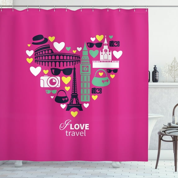 Saying Shower Curtain, I Love Travel Lettering and Heart with European Landmarks on Magenta Background, Fabric Bathroom Set with Hooks, 69W X 84L Inches Extra Long, Multicolor, by Ambesonne