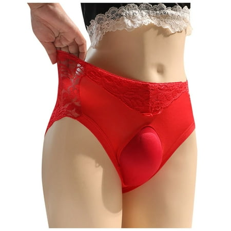 BYHONG Girl Lace Underwear for Men 3D Sponge Cup Cushion U Three Sexy Triangle Underwear Panties for Women Red XXXL